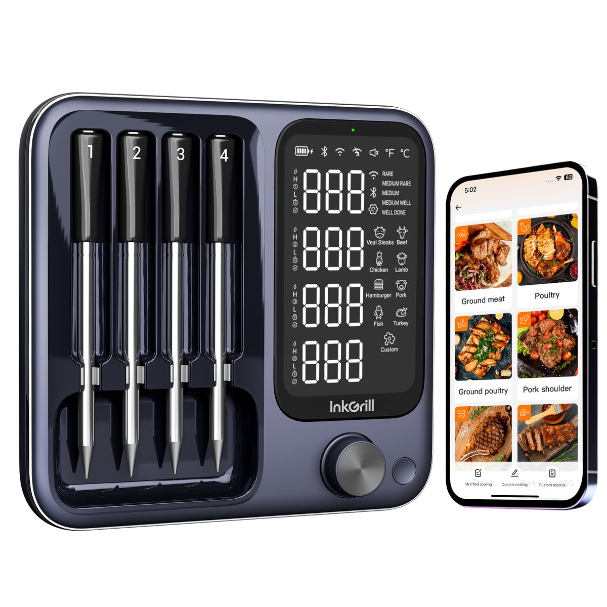 INKGRILL Wireless Meat Thermometer With 4 Probes for Grill