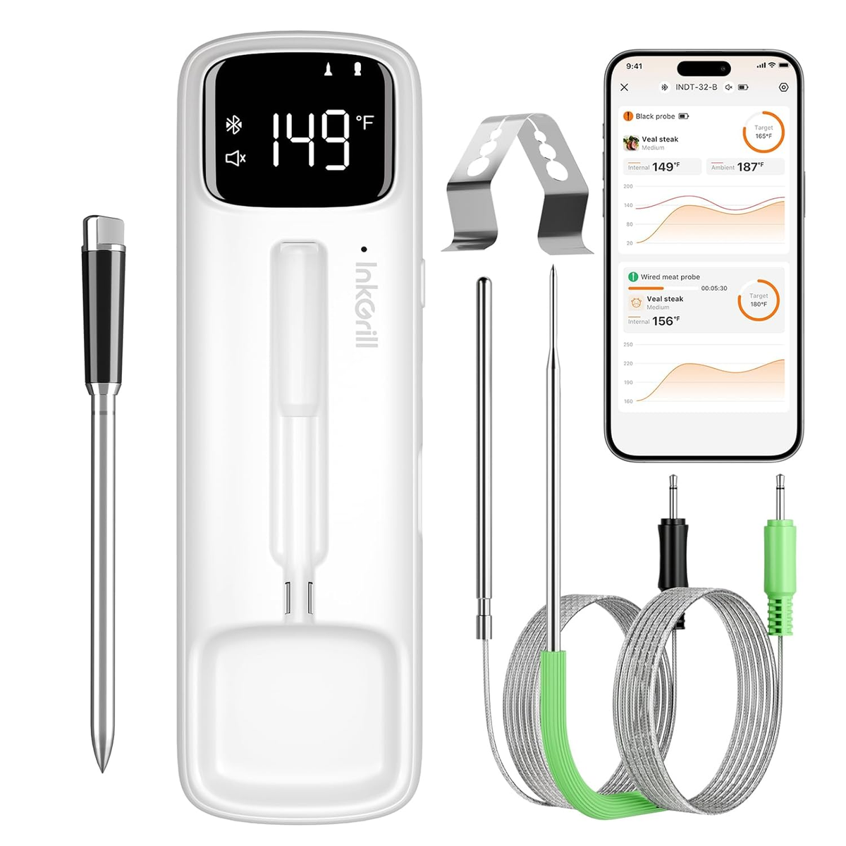 INKGRILL 2-in-1 Wireless & Wired Probes, Wireless Meat Thermometer
